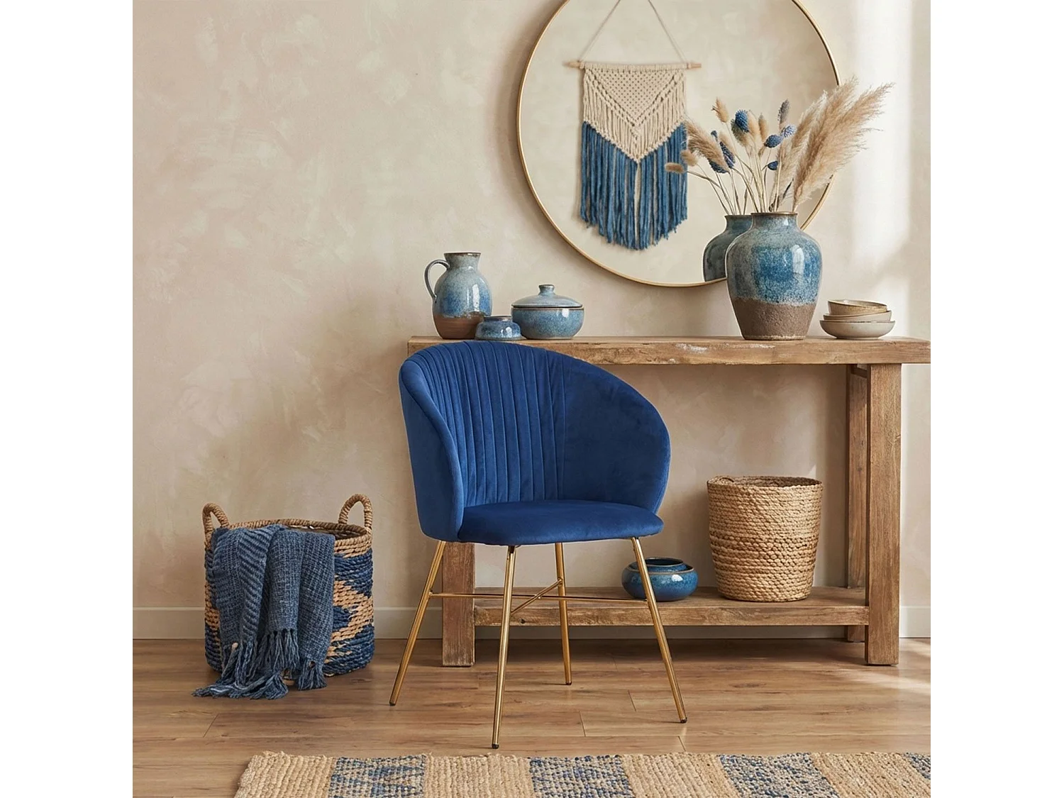Chaise Design en Velours "Kanye" 80cm Bleu