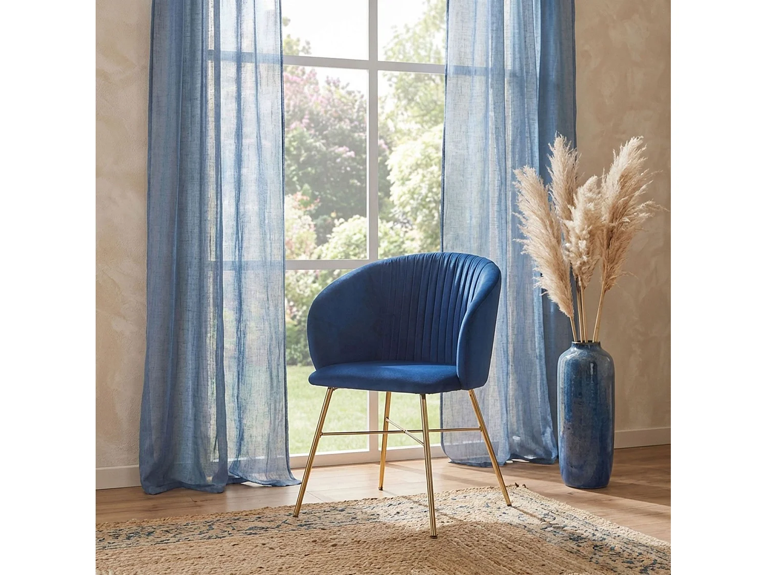Chaise Design en Velours "Kanye" 80cm Bleu