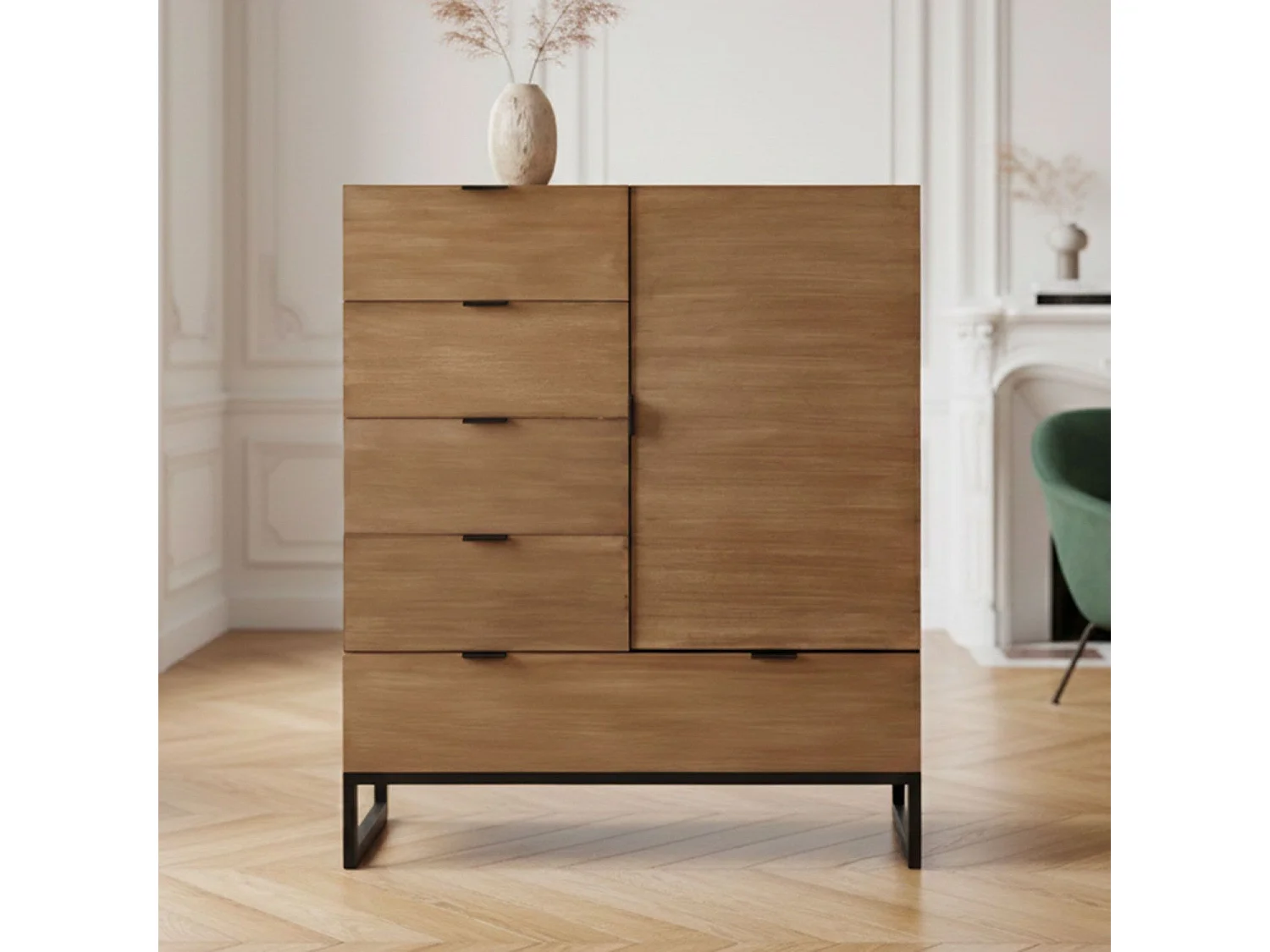 Mobile Buffet Panara alta 4 cassetti e 1 anta legno in rovere chiaro