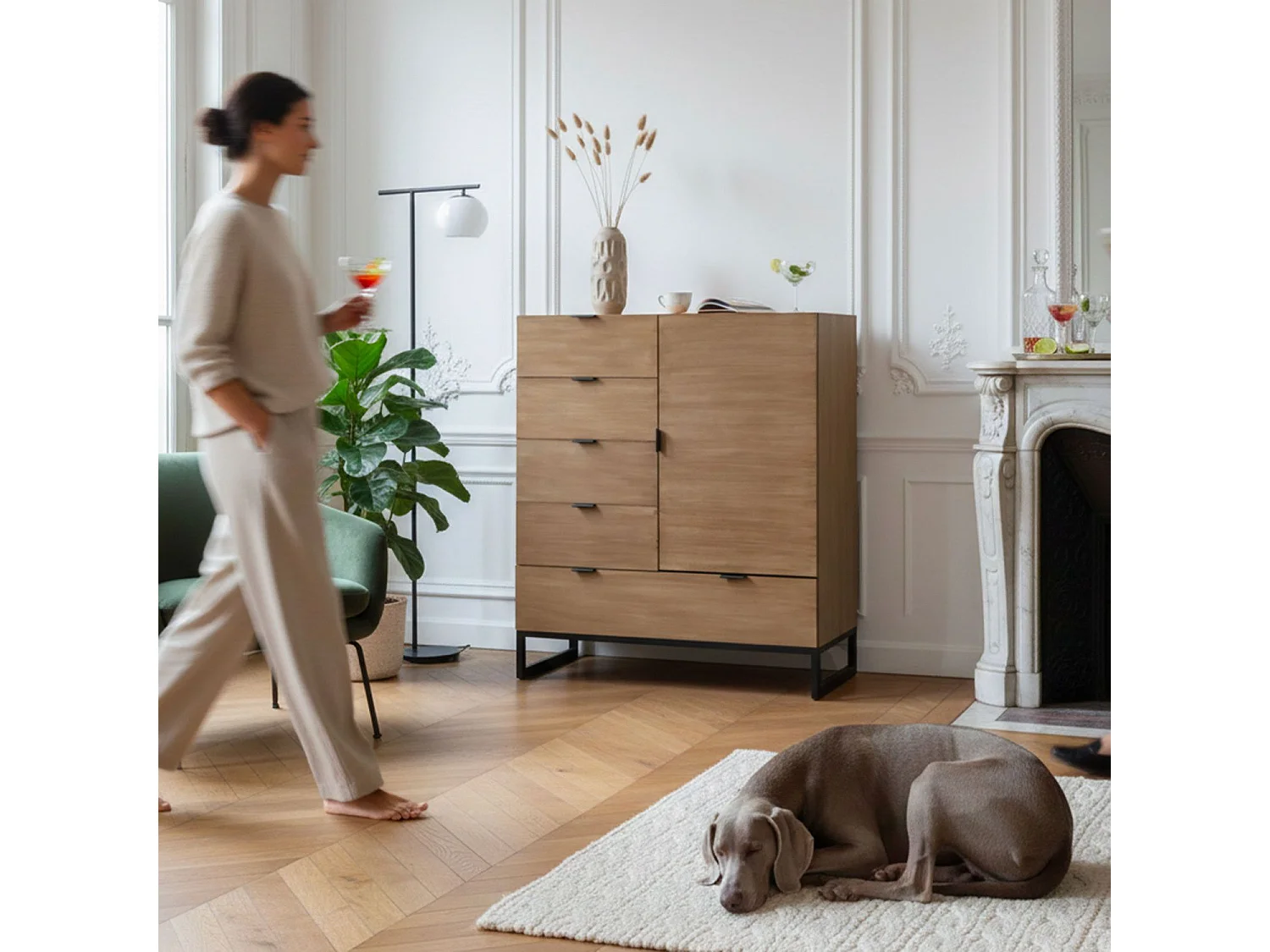 Mobile Buffet Panara alta 4 cassetti e 1 anta legno in rovere chiaro