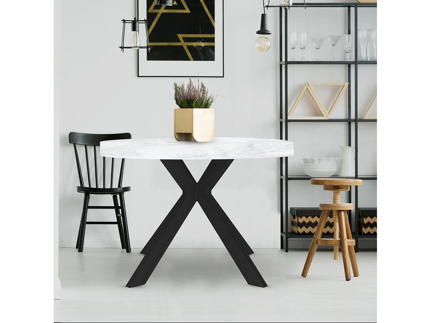 Table Ronde Extensible "Zefane" 160-260cm Noir & Effet Marbre