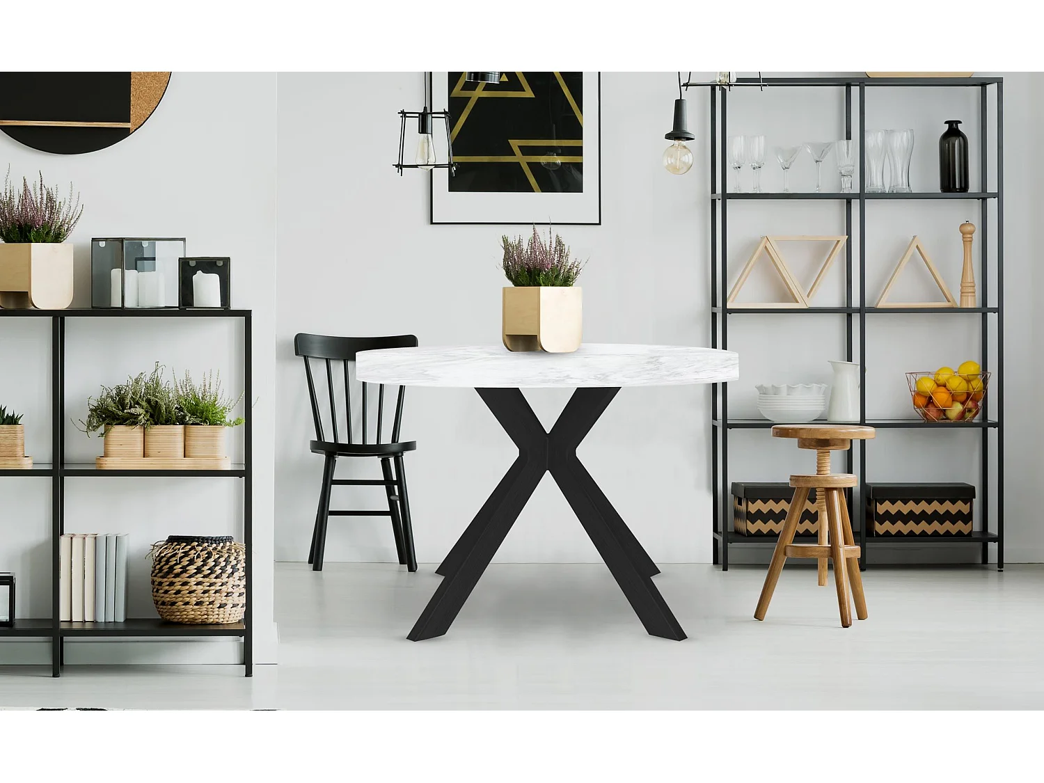 Table Ronde Extensible "Zefane" 160-260cm Noir & Effet Marbre