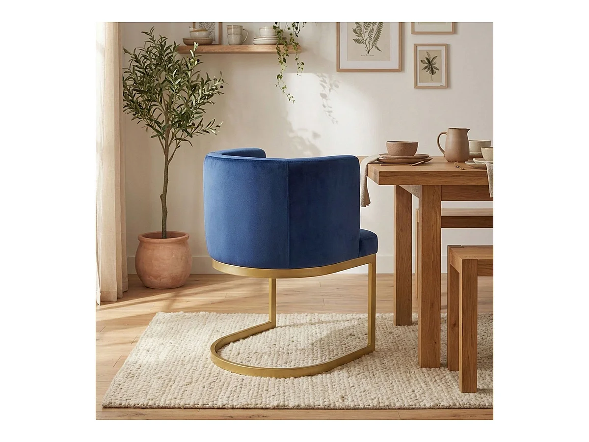 Chaise Design en Velours "Noemy" 75cm Bleu & Or