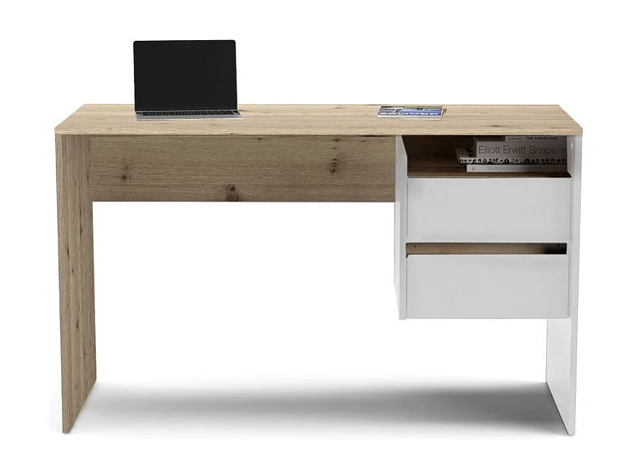 Bureau 2 Tiroirs Design "Paco" 125cm Chêne & Blanc