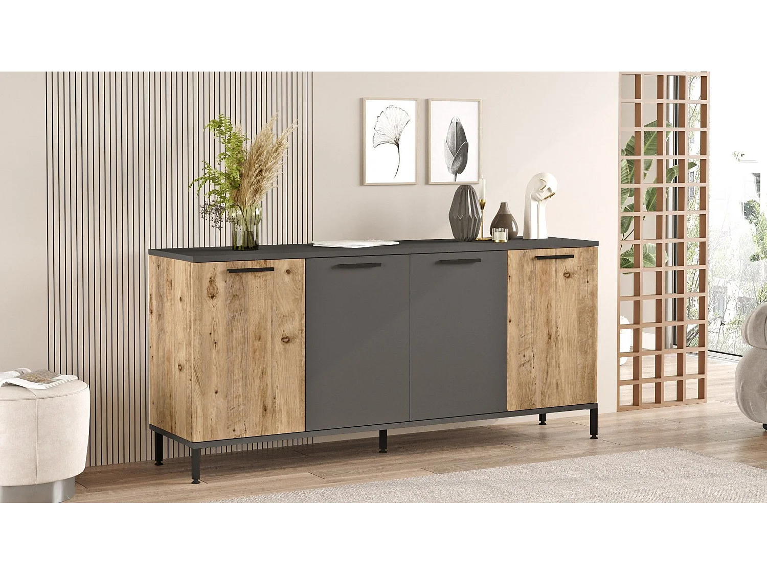 Bureau 2 Tiroirs Design "Paco" 125cm Chêne & Gris