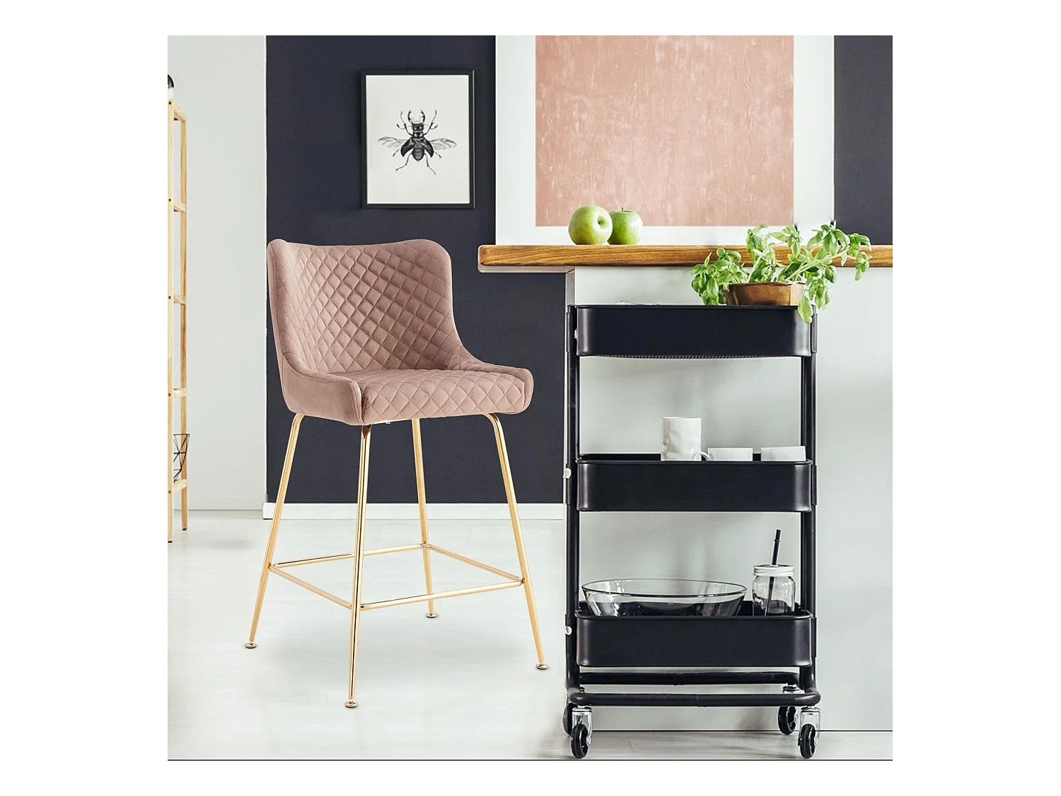 Lot de 2 chaises de bar Bellamy Velours Taupe pieds Or