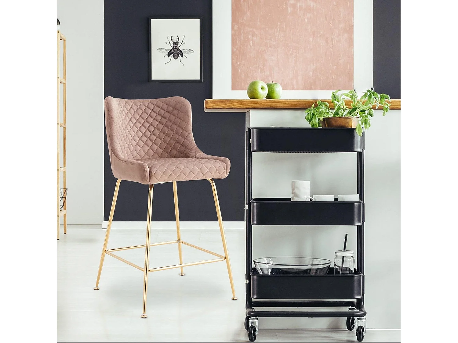 Lot de 2 chaises de bar Bellamy Velours Taupe pieds Or