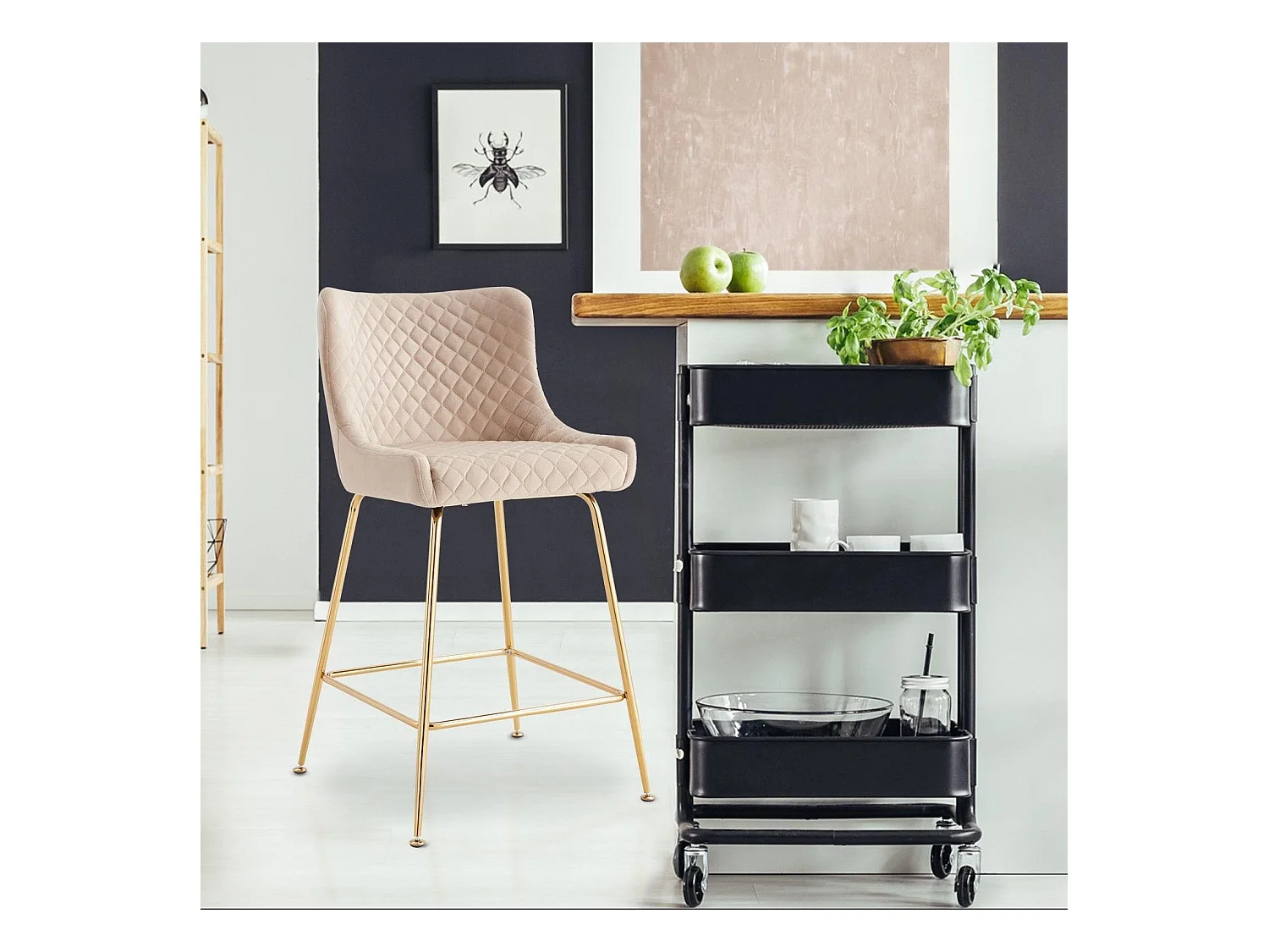 Lot de 2 chaises de bar Bellamy Velours Beige pieds Or