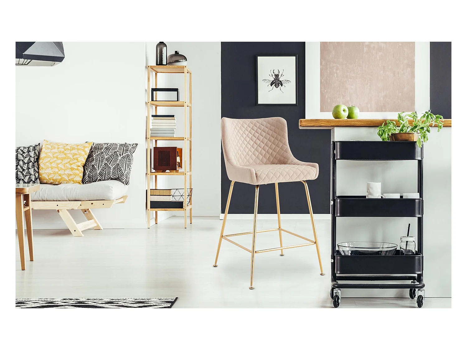 Lot de 2 chaises de bar Bellamy Velours Beige pieds Or