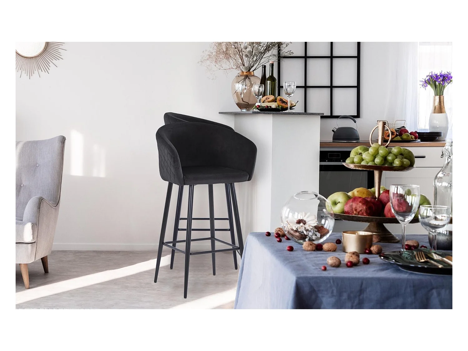 Chaise de Bar en Velours "Kandi" 106cm Noir