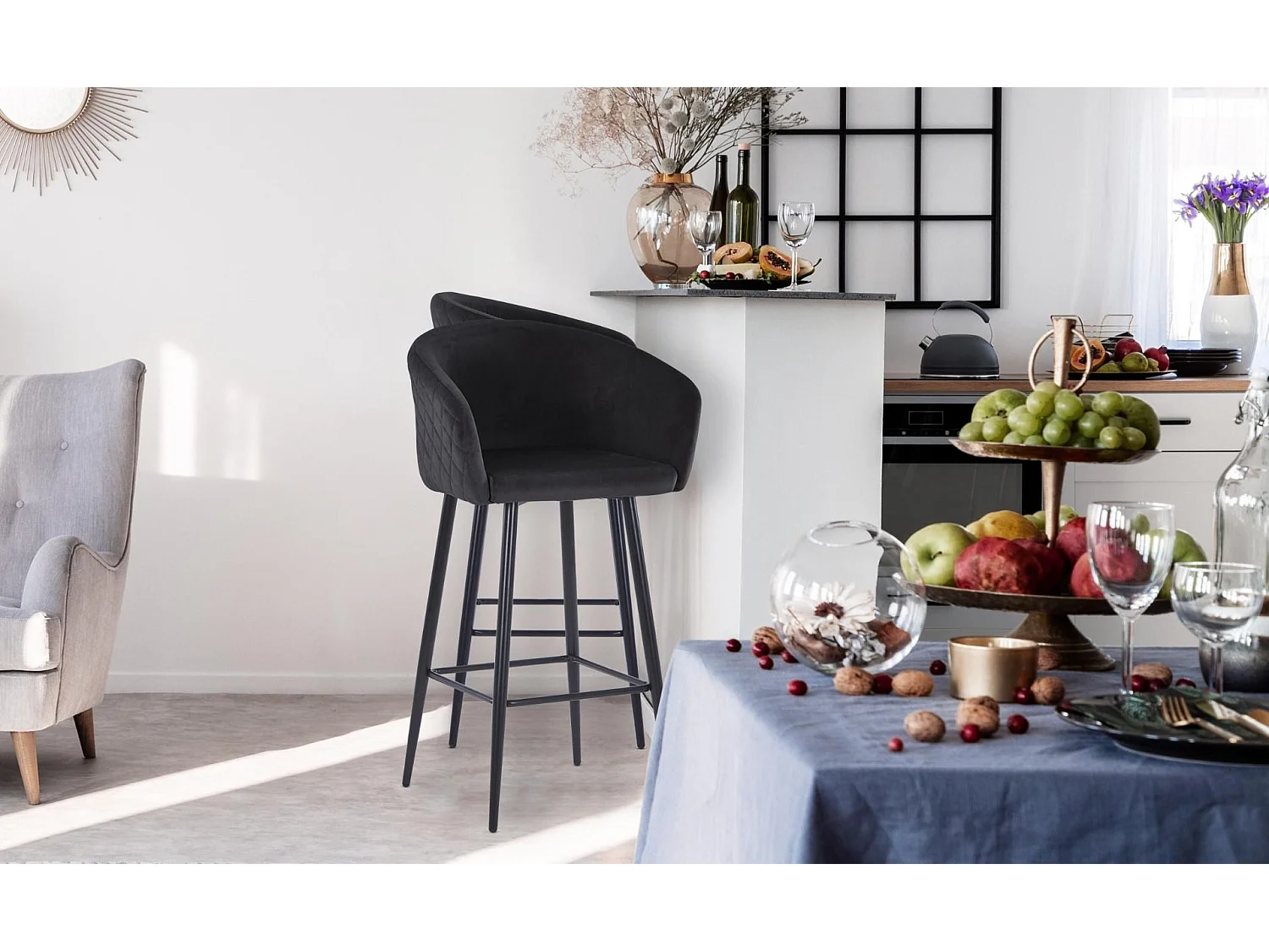 Chaise de Bar en Velours "Kandi" 106cm Noir