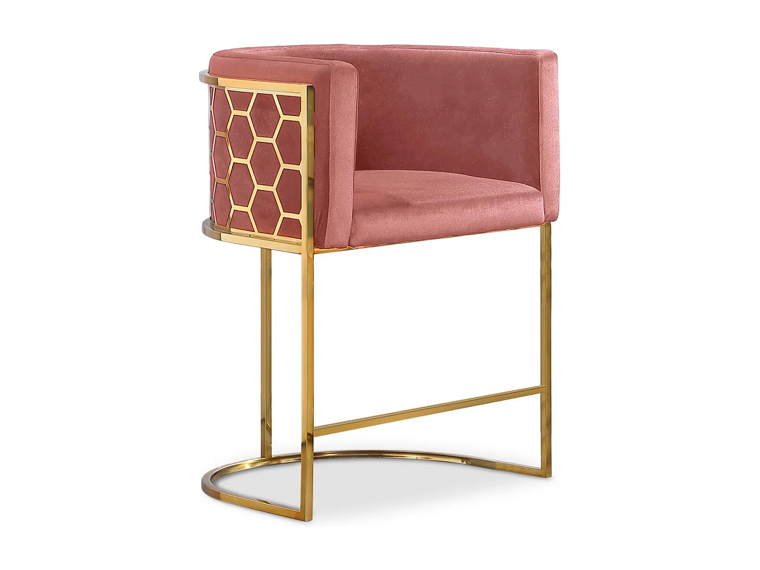 Design Barhocker "Honey" 96 cm Samt Rosa mit goldener Metallstruktur im Wabenmuster