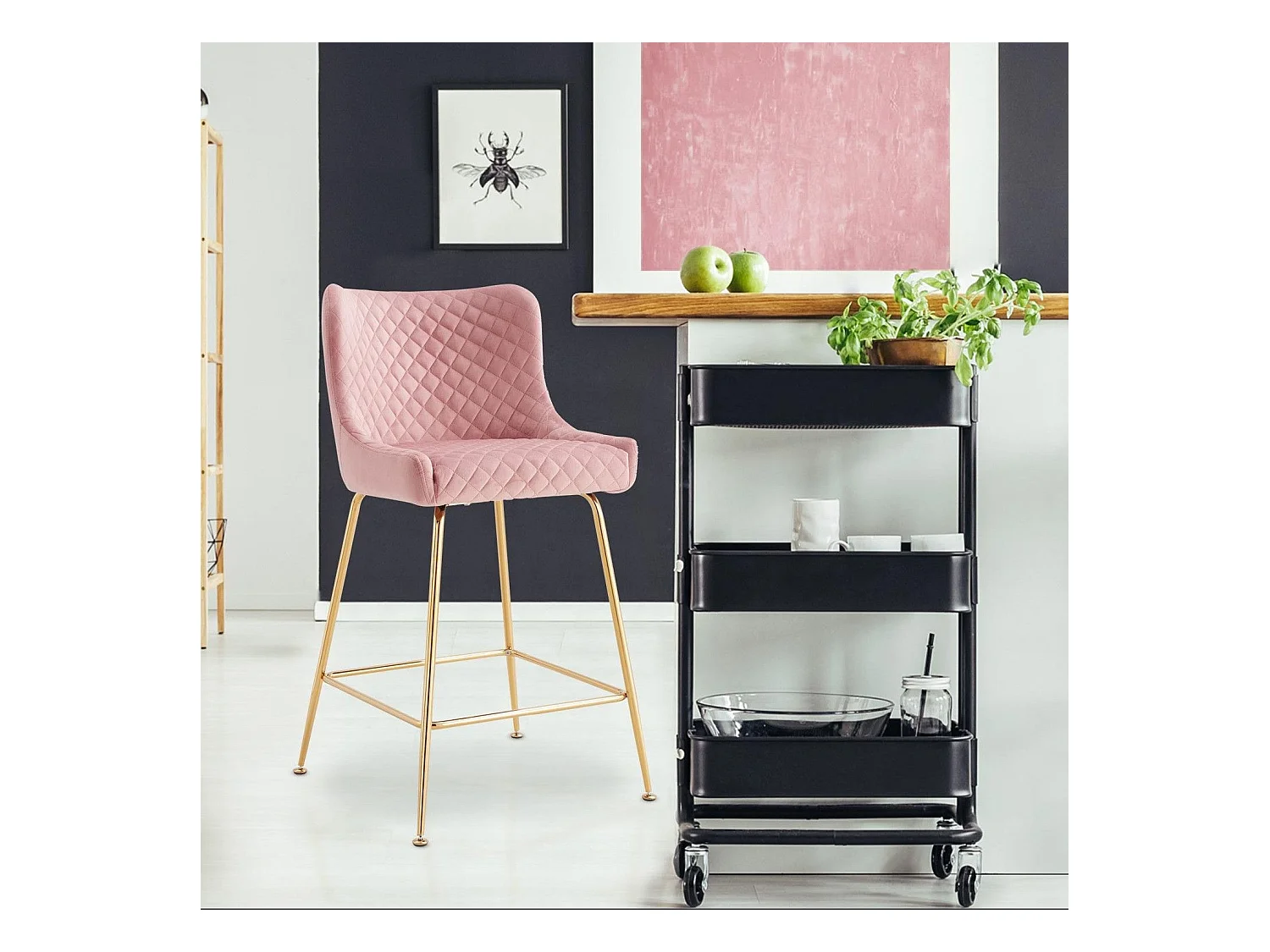 Lot de 2 chaises de bar Bellamy Velours Rose pieds Or