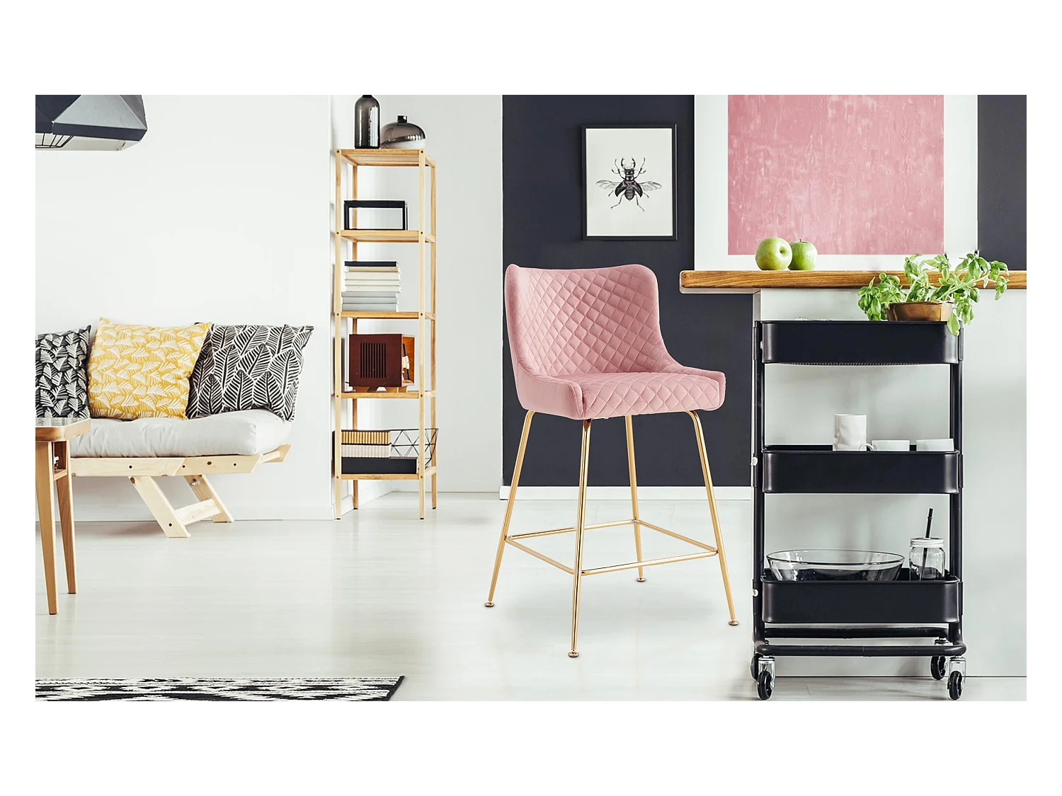 Lot de 2 chaises de bar Bellamy Velours Rose pieds Or