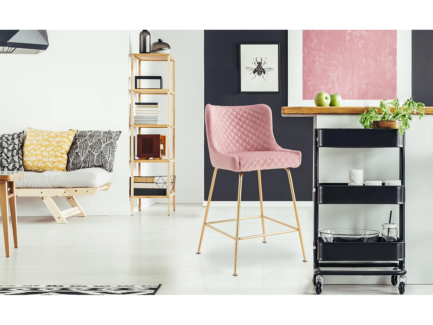 Lot de 2 chaises de bar Bellamy Velours Rose pieds Or