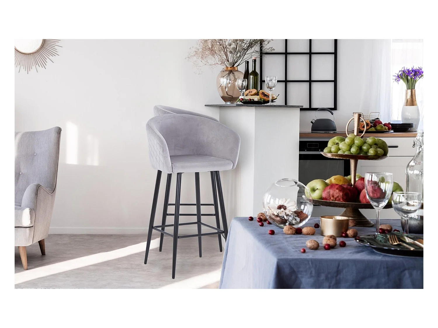 Chaise de Bar en Velours "Kandi" 106cm Argent