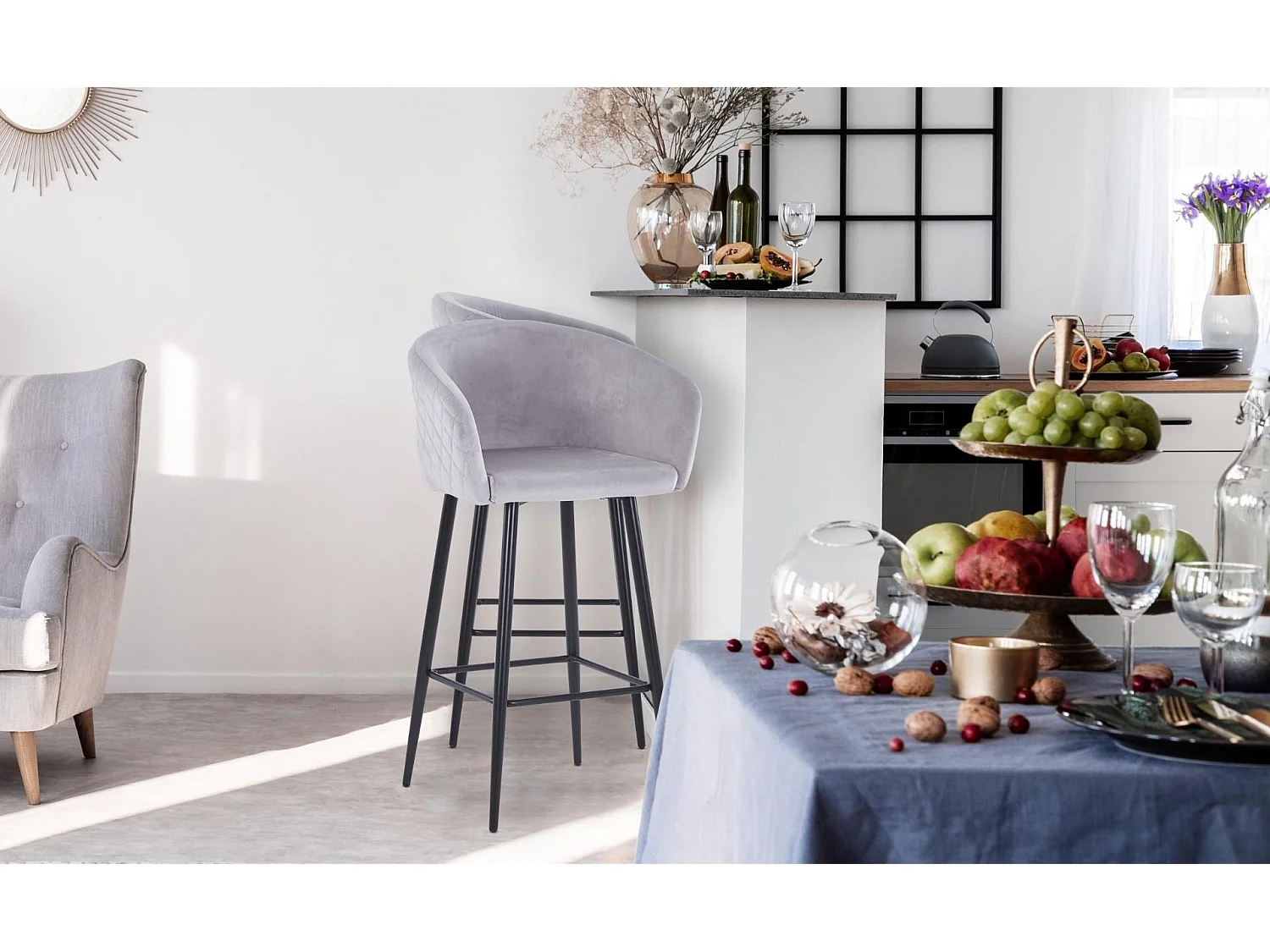 Chaise de Bar en Velours "Kandi" 106cm Argent