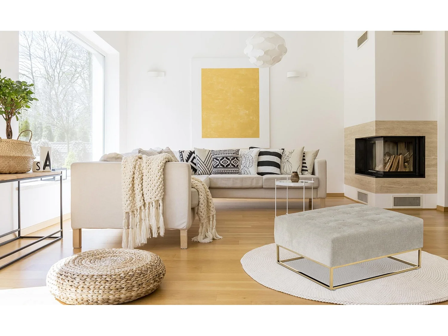 Pouf Carré en Tissu "Lakota" 90cm Beige