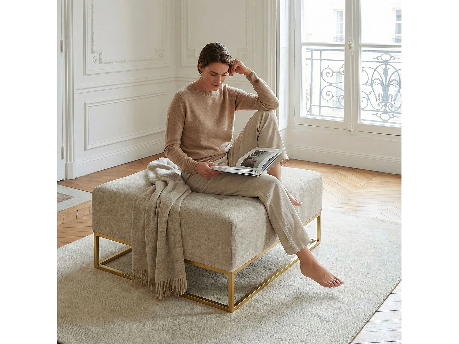 Pouf Carré en Tissu "Lakota" 90cm Beige