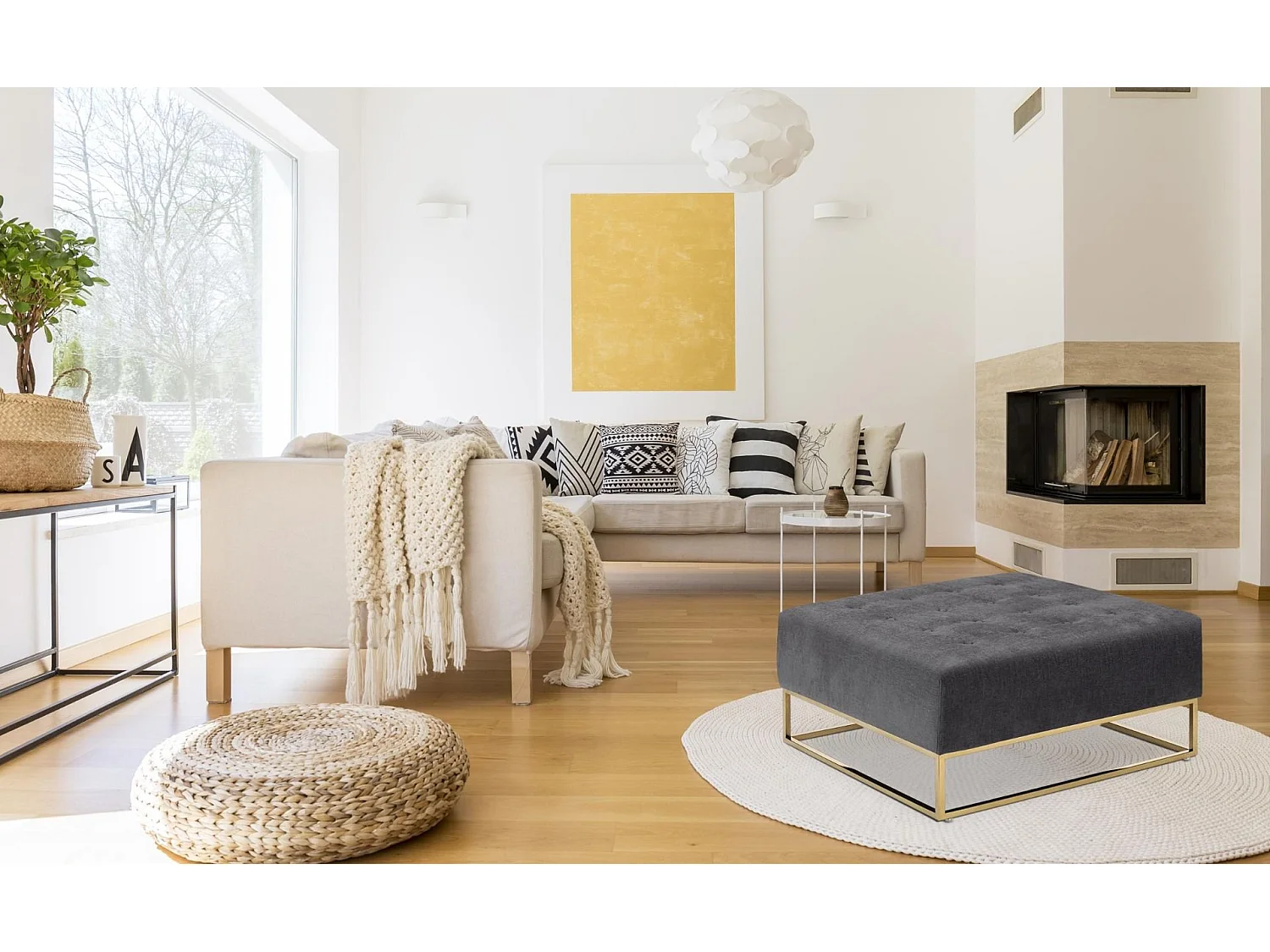 Pouf Carré en Tissu "Lakota" 90cm Gris