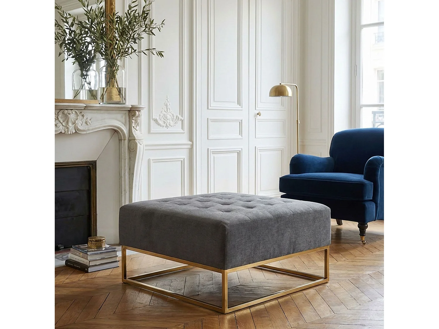 Pouf Carré en Tissu "Lakota" 90cm Gris