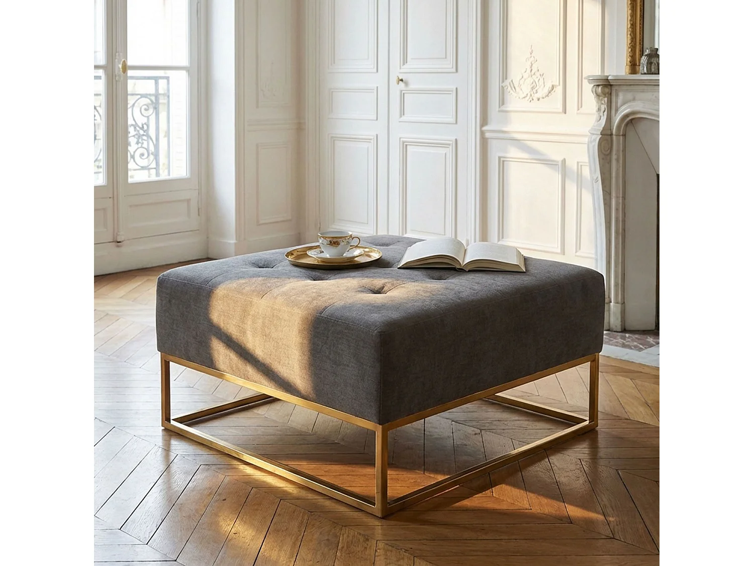 Pouf Carré en Tissu "Lakota" 90cm Gris