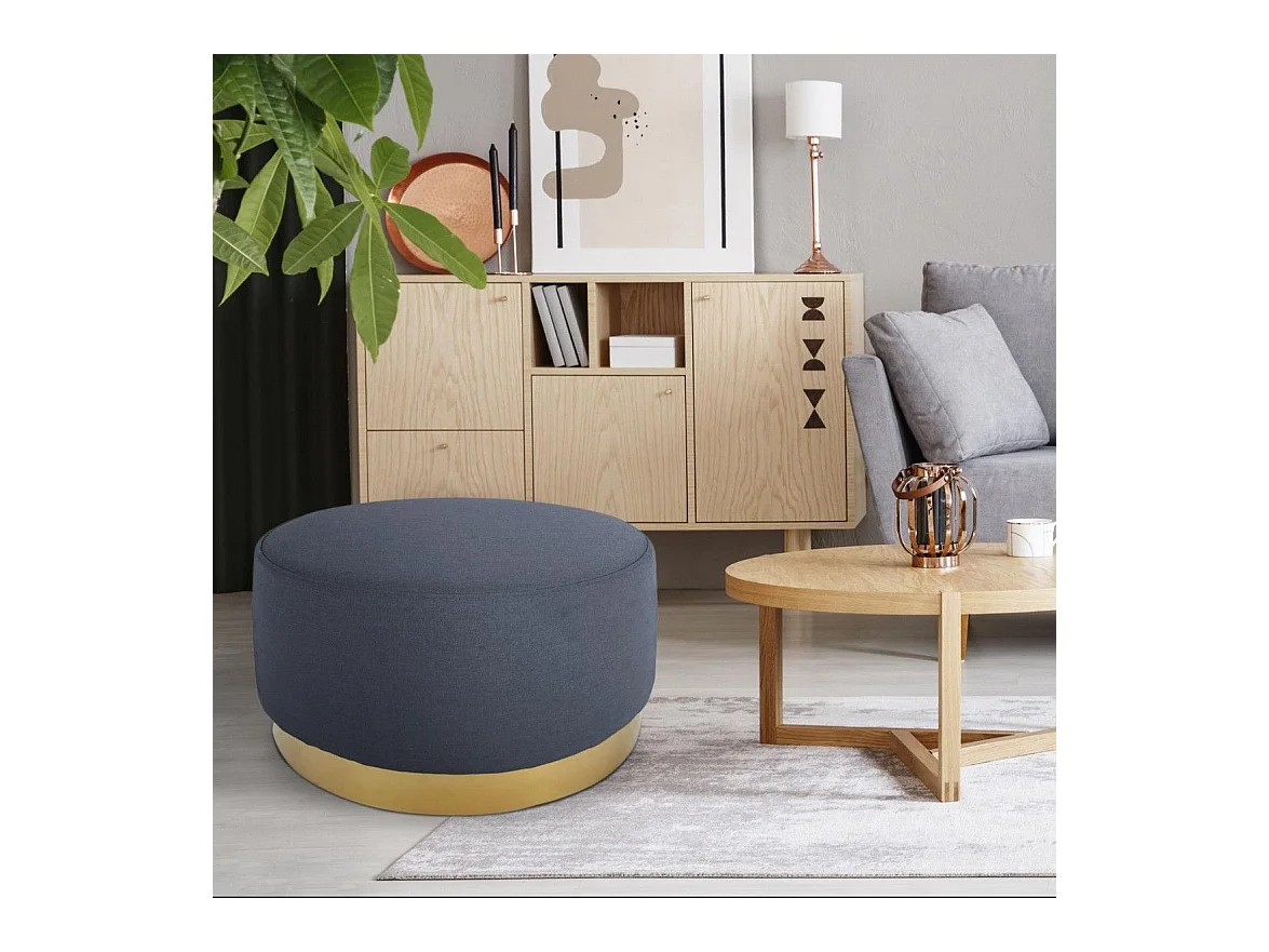 Pouf Rond Daisy Tissu Gris Foncé Pied Or