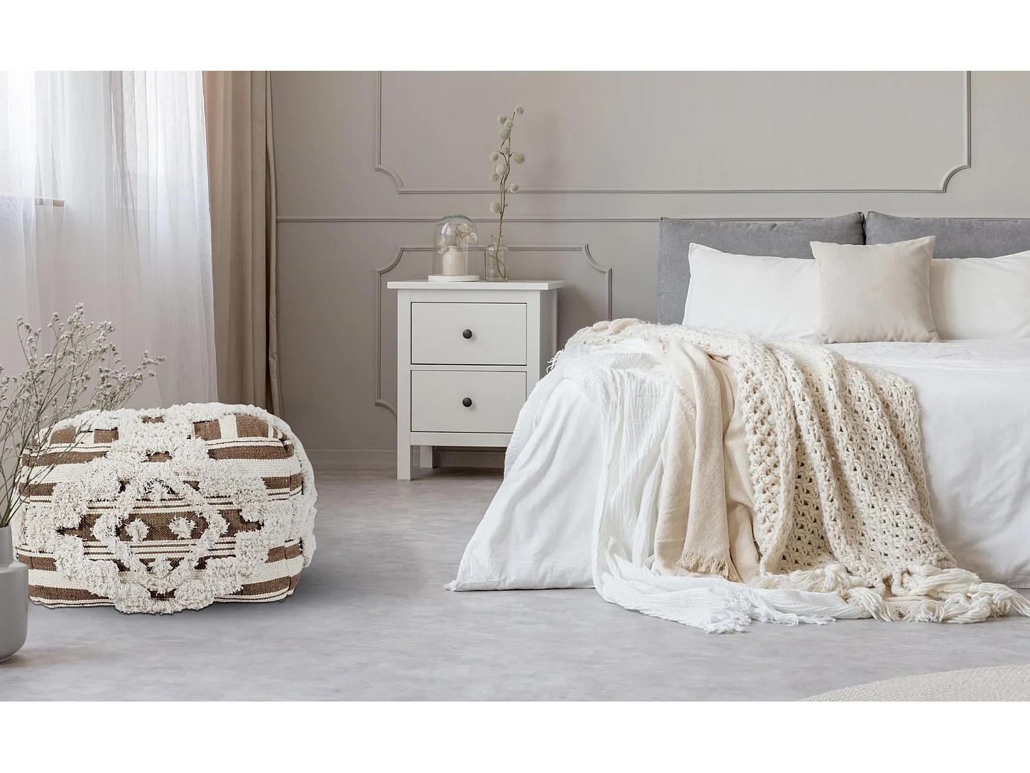 Pouf en Tissu Macramé "Tougan" 60cm Marron