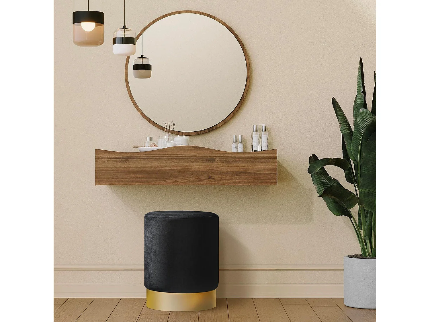 Tabouret Jona Velours Noir Pied Or