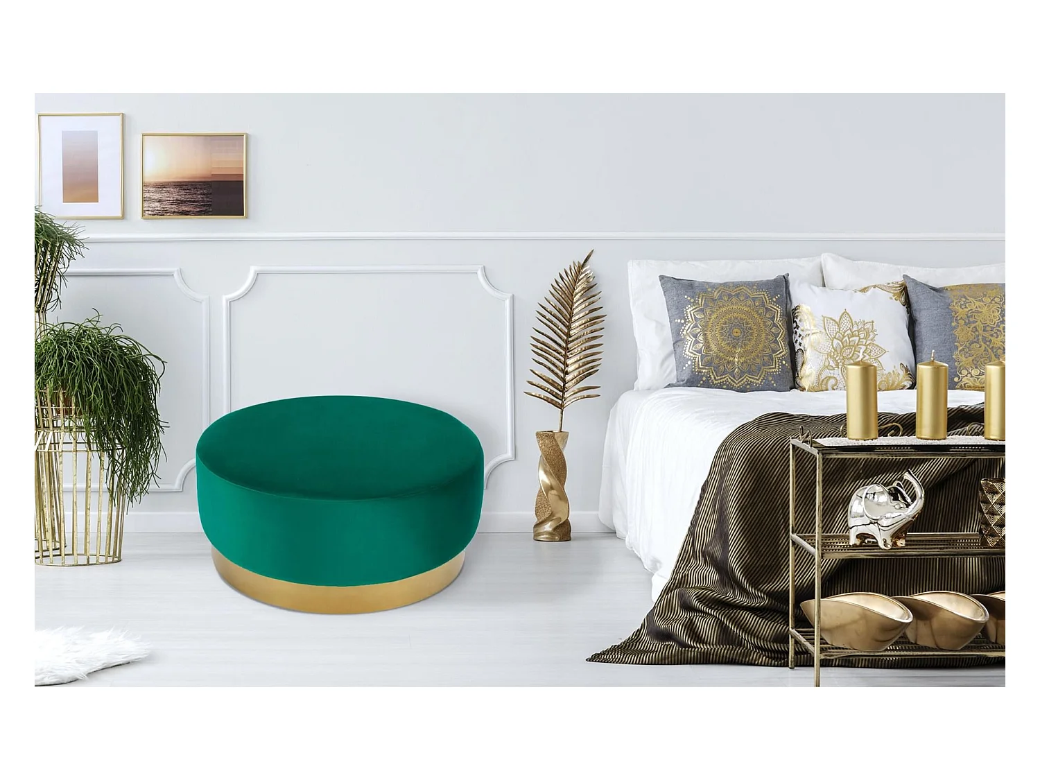 Pouf Rond Daisy Velours Vert Pied Or