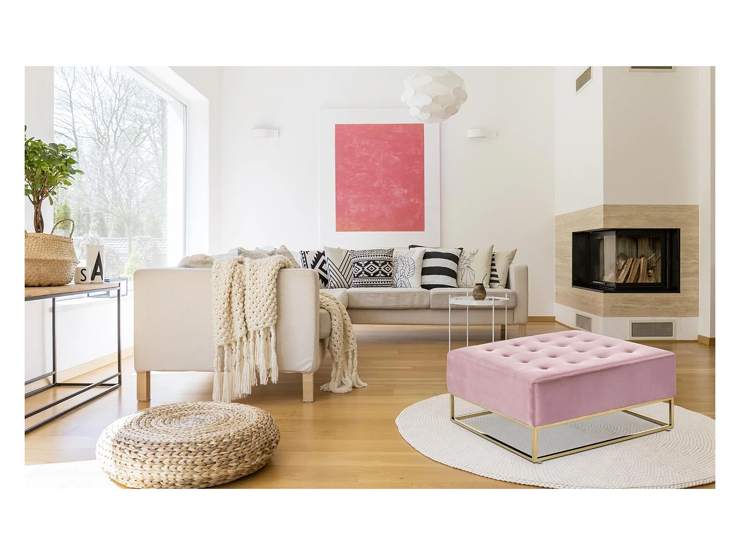 Pouf carré Hudson Velours Rose