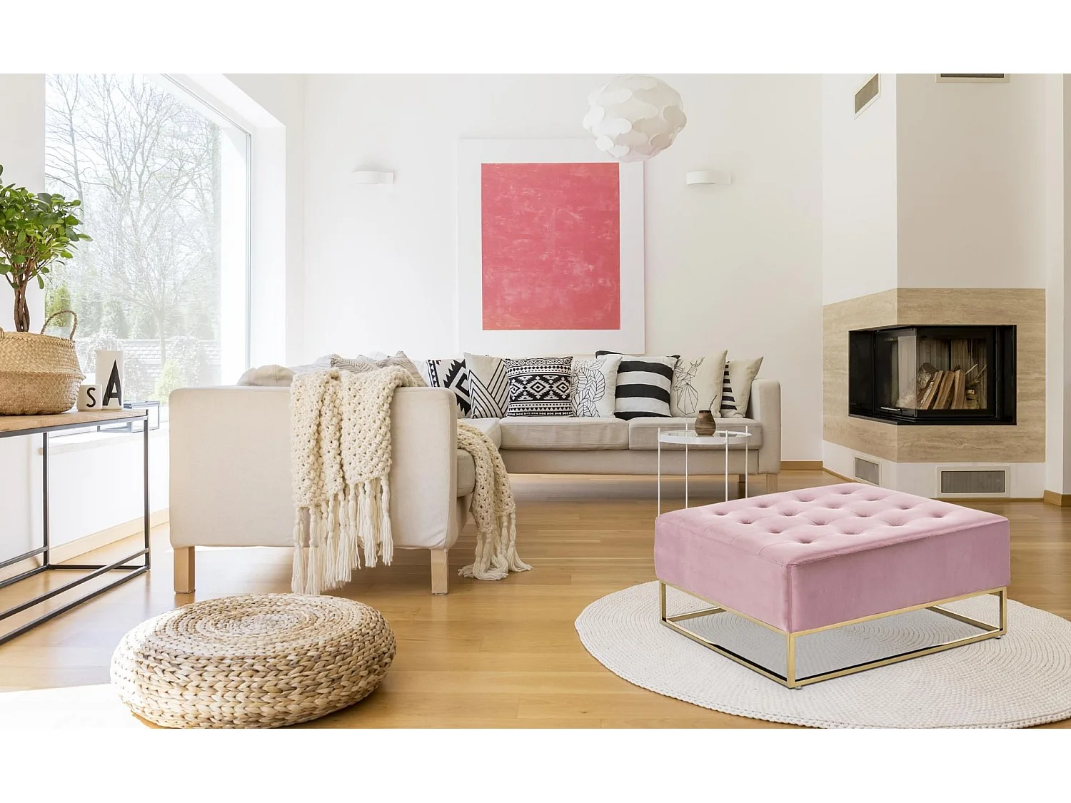 Pouf carré Hudson Velours Rose