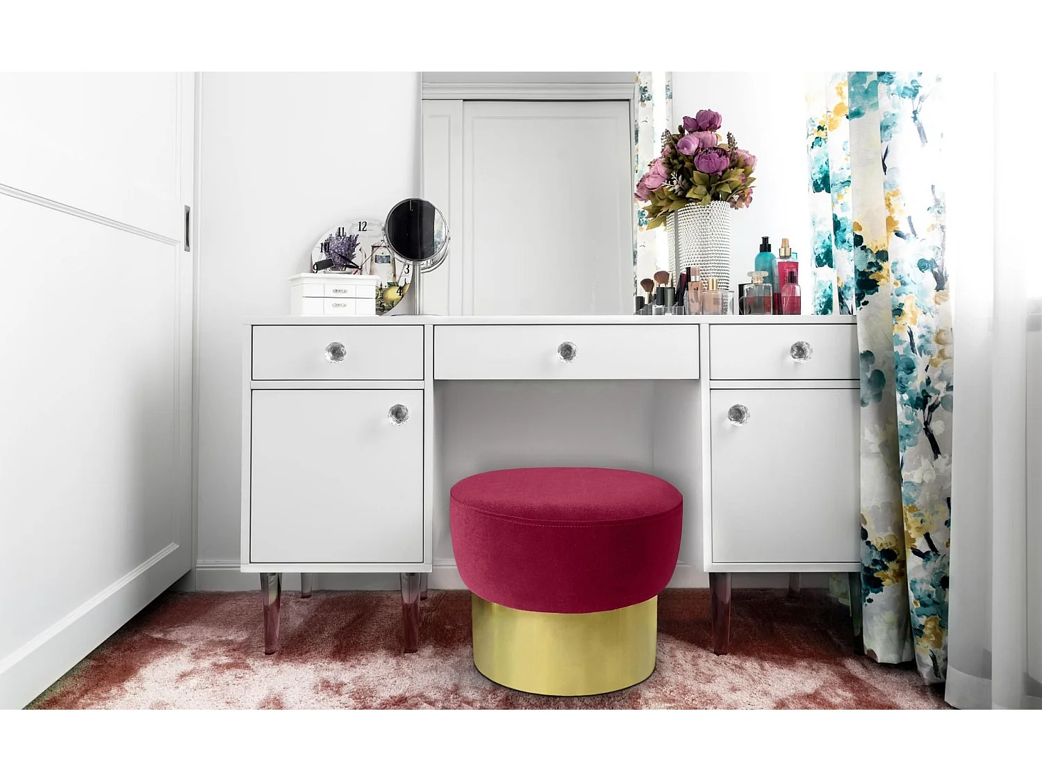 Tabouret Design en Velours "Liya" 44cm Rouge