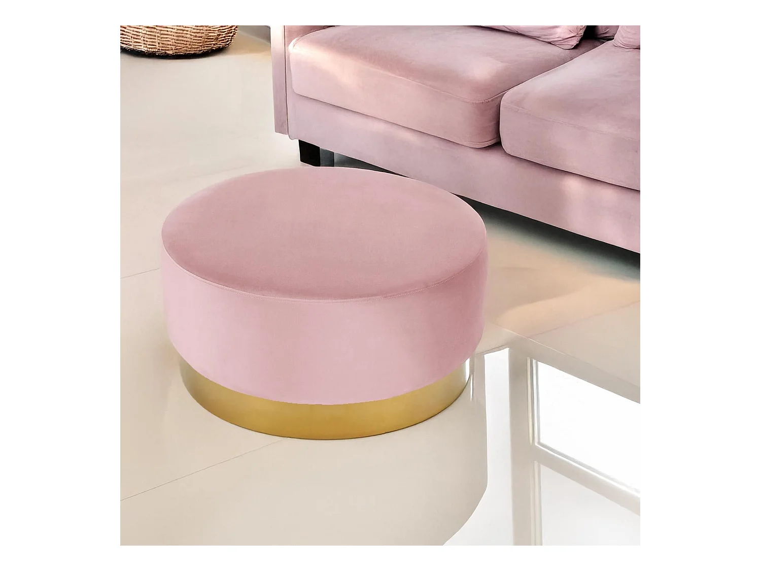 Pouf Rond Daisy Velours Rose Pied Or