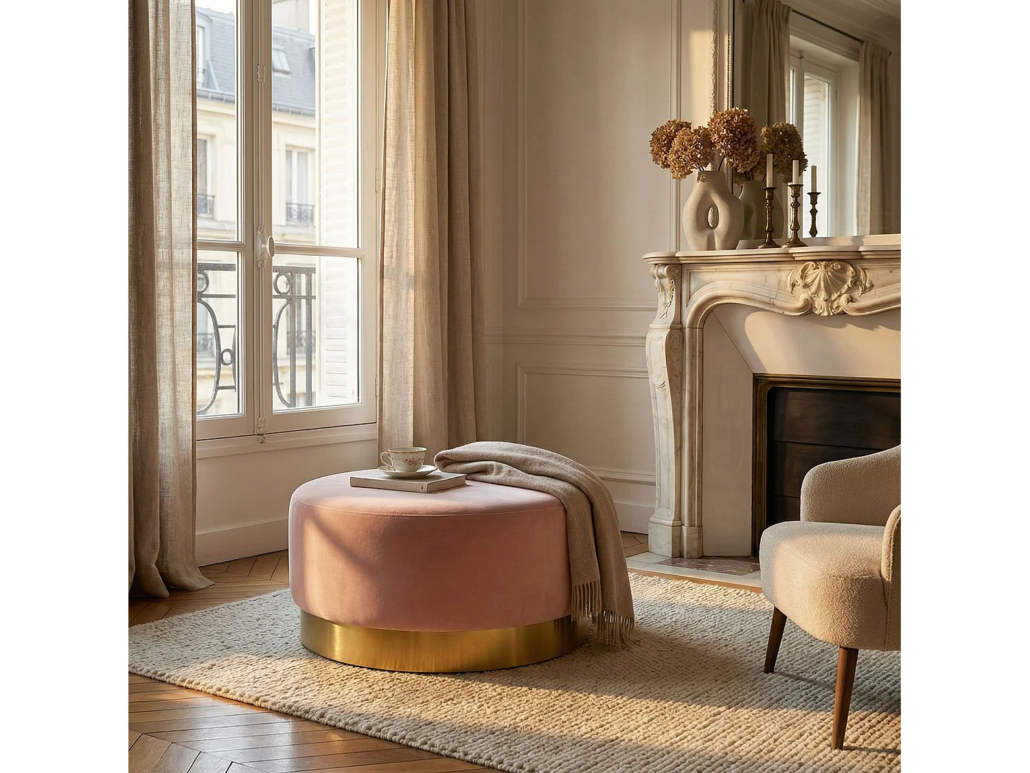 Pouf Rond en Velours Design "Minnie" 75cm Rose