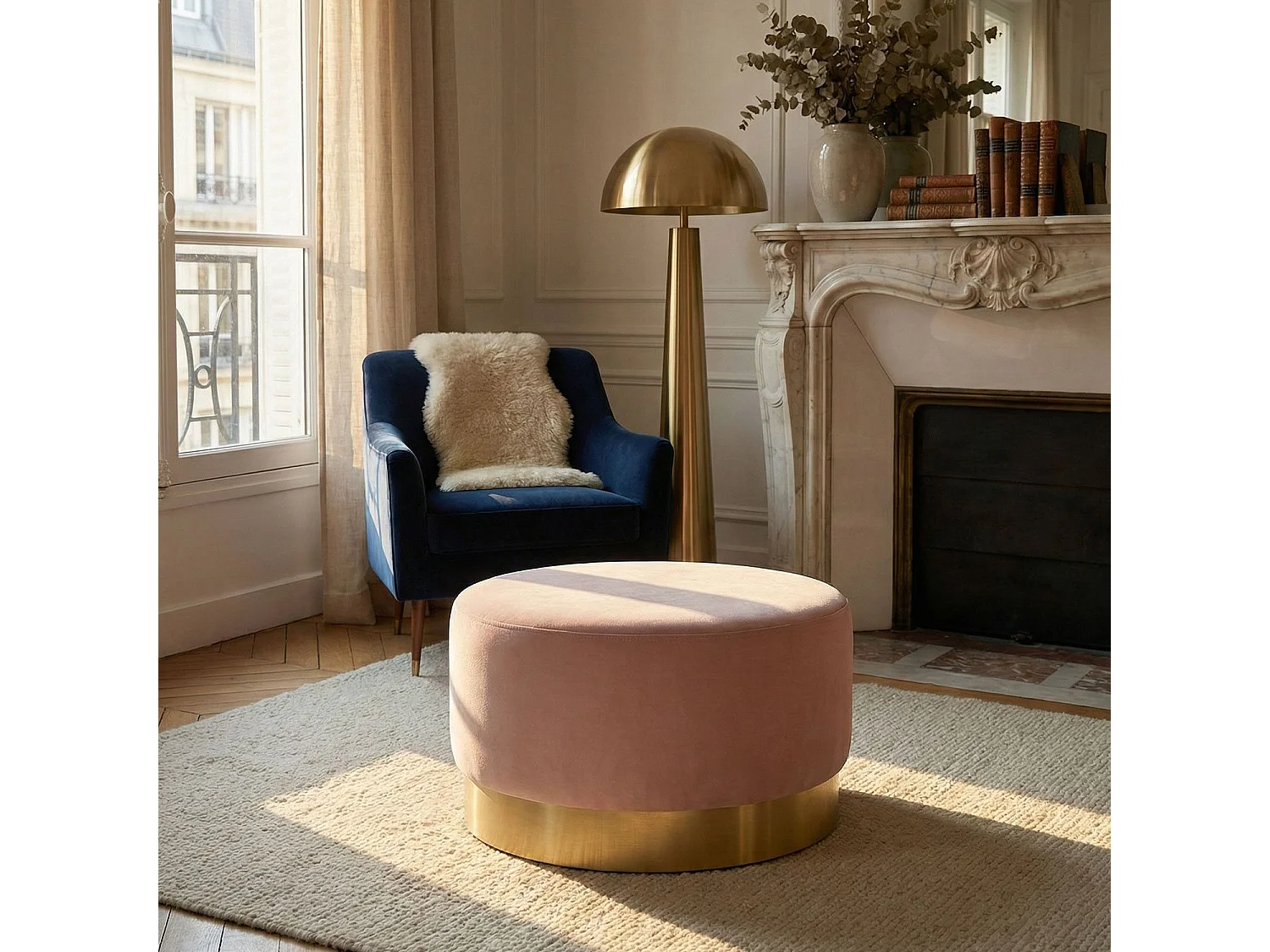 Pouf Rond en Velours Design "Minnie" 75cm Rose