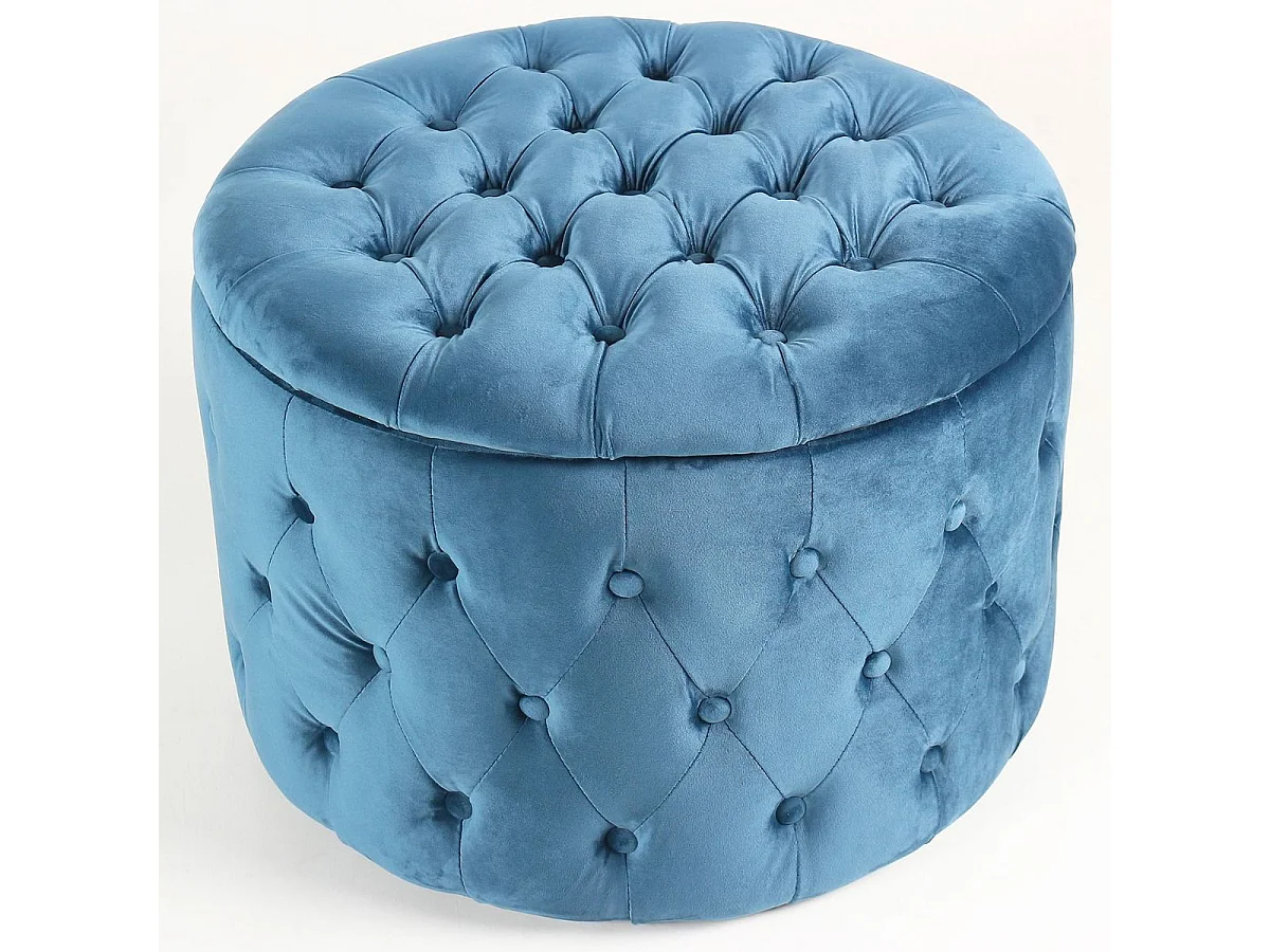 Pouf coffre rond Salvina en velours capitonné Bleu