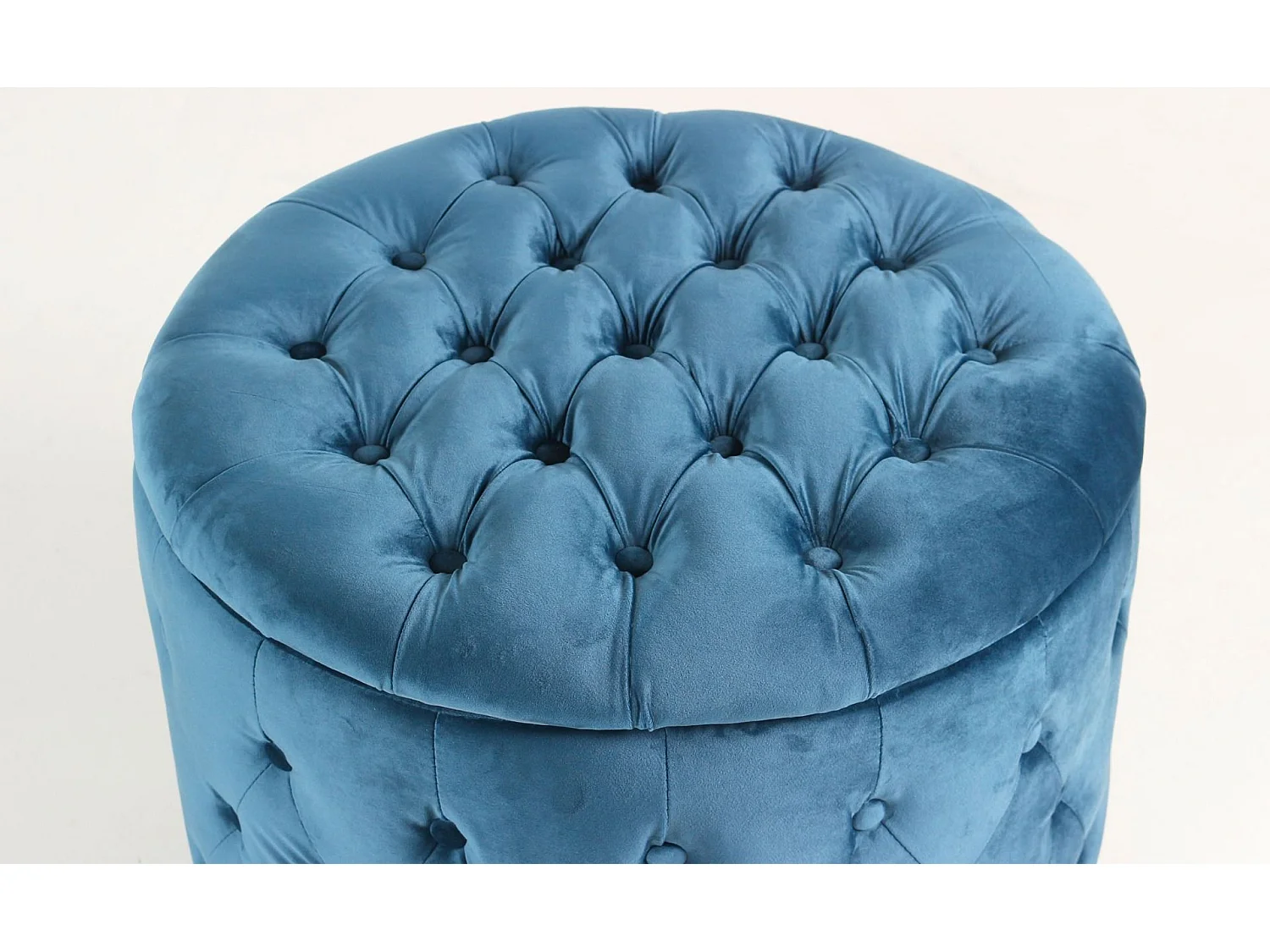 Pouf coffre rond Salvina en velours capitonné Bleu