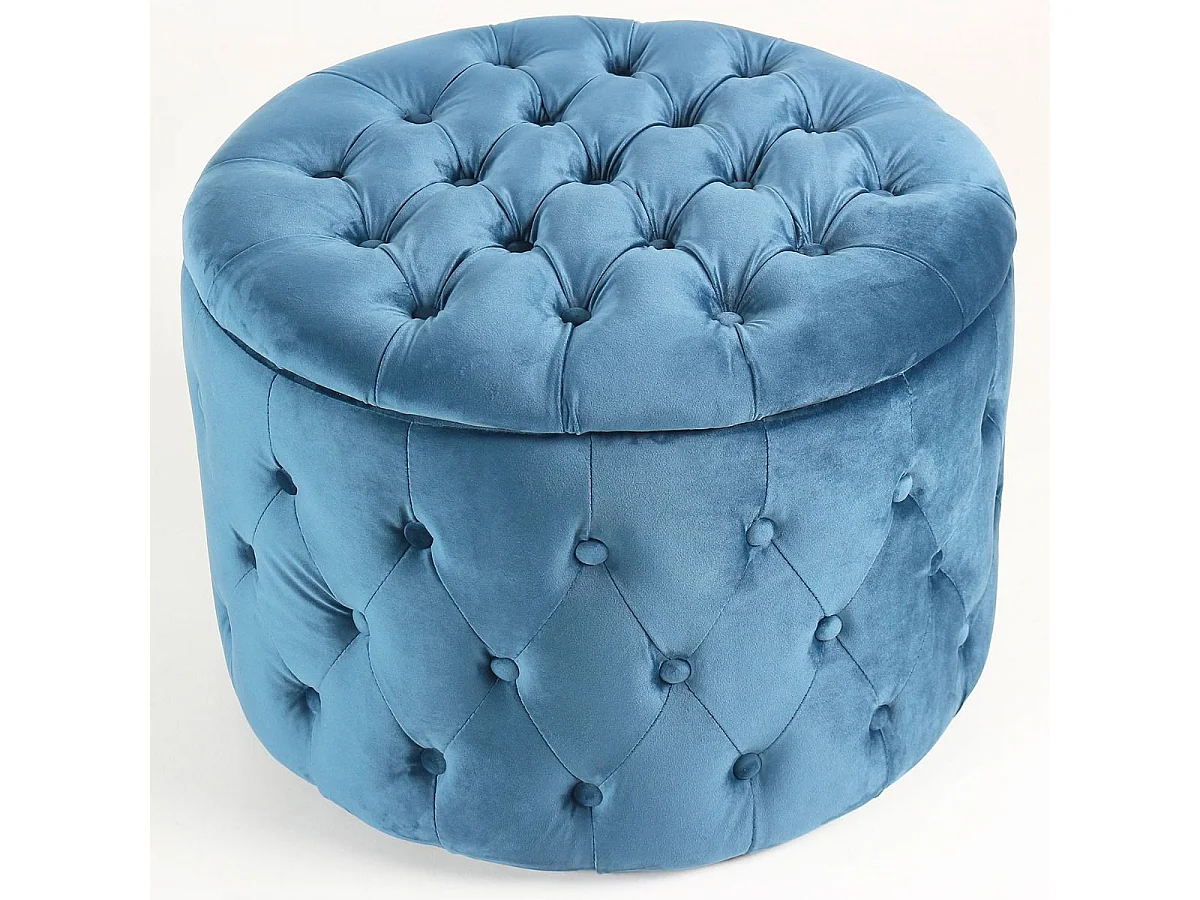 Pouf coffre rond Salvina en velours capitonné Bleu