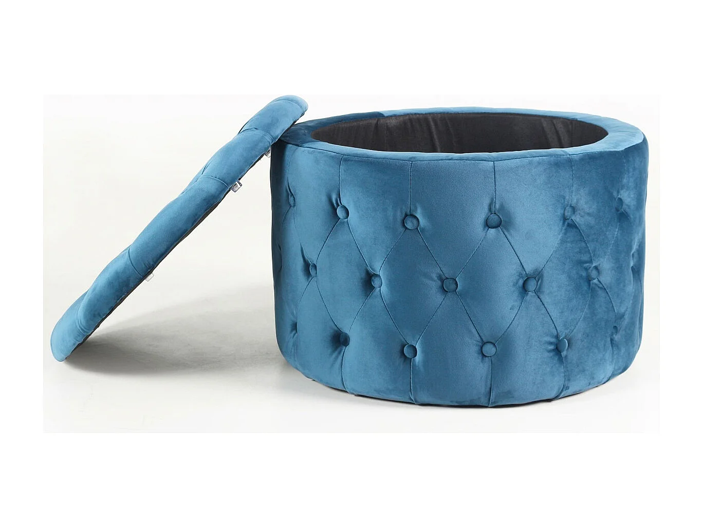 Pouf coffre rond Salvina en velours capitonné Bleu