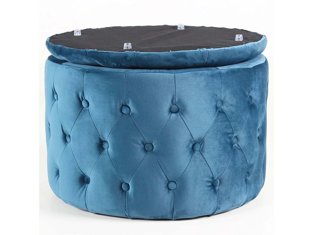 Pouf coffre rond Salvina en velours capitonné Bleu