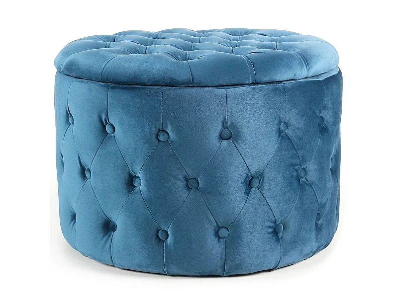 Pouf coffre rond Salvina en velours capitonné Bleu