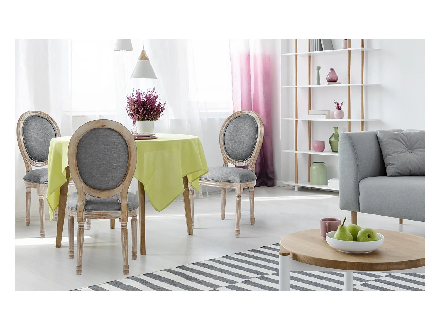 Set di 20 sedie a medaglione in stile Luigi XVI in tessuto grigio chiaro