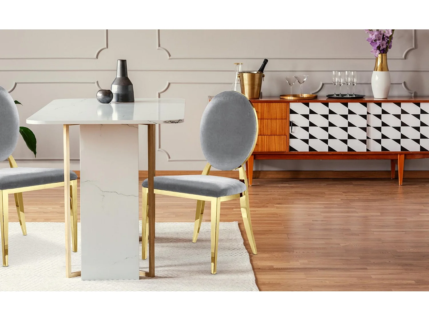 Lot de 2 chaises médaillon Sofia Velours Argent Pieds Or