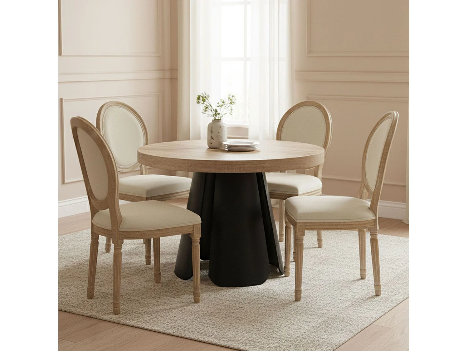 Lot de 2 Chaises Médaillon Tissu "Versailles" 96cm Beige & Naturel