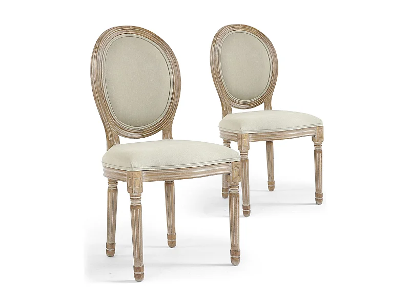 Lot de 2 Chaises Médaillon Tissu "Versailles" 96cm Beige & Naturel