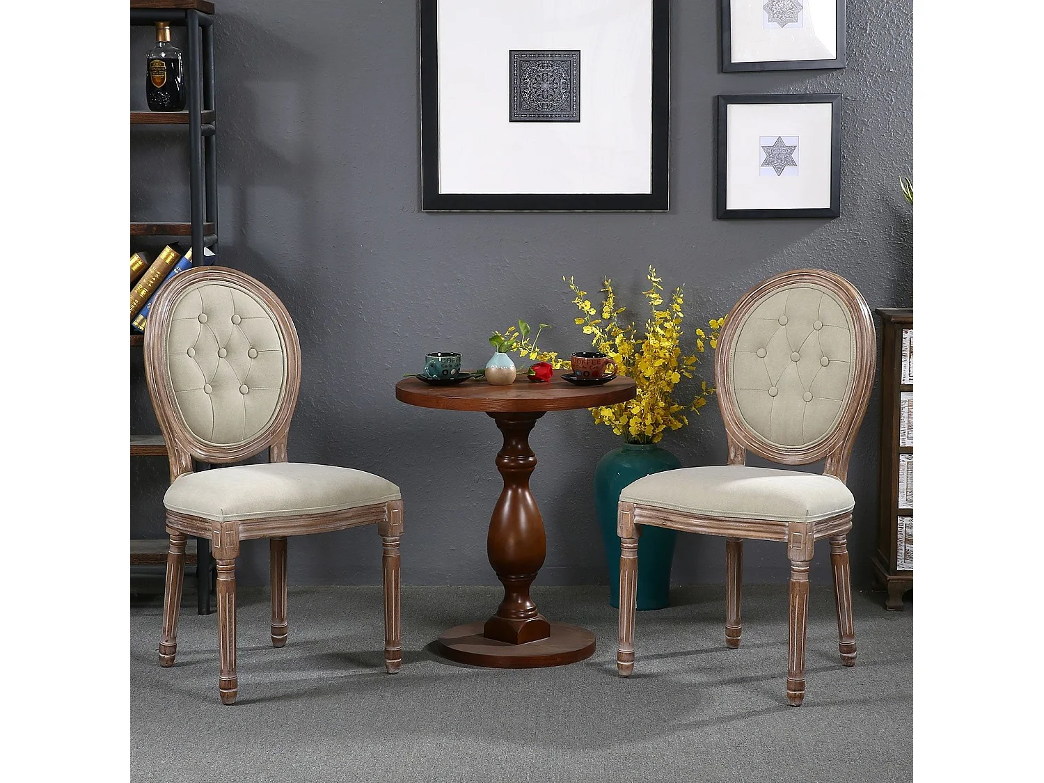 Lot de 2 Chaises Médaillon "Quing" Capitonné Tissu Beige