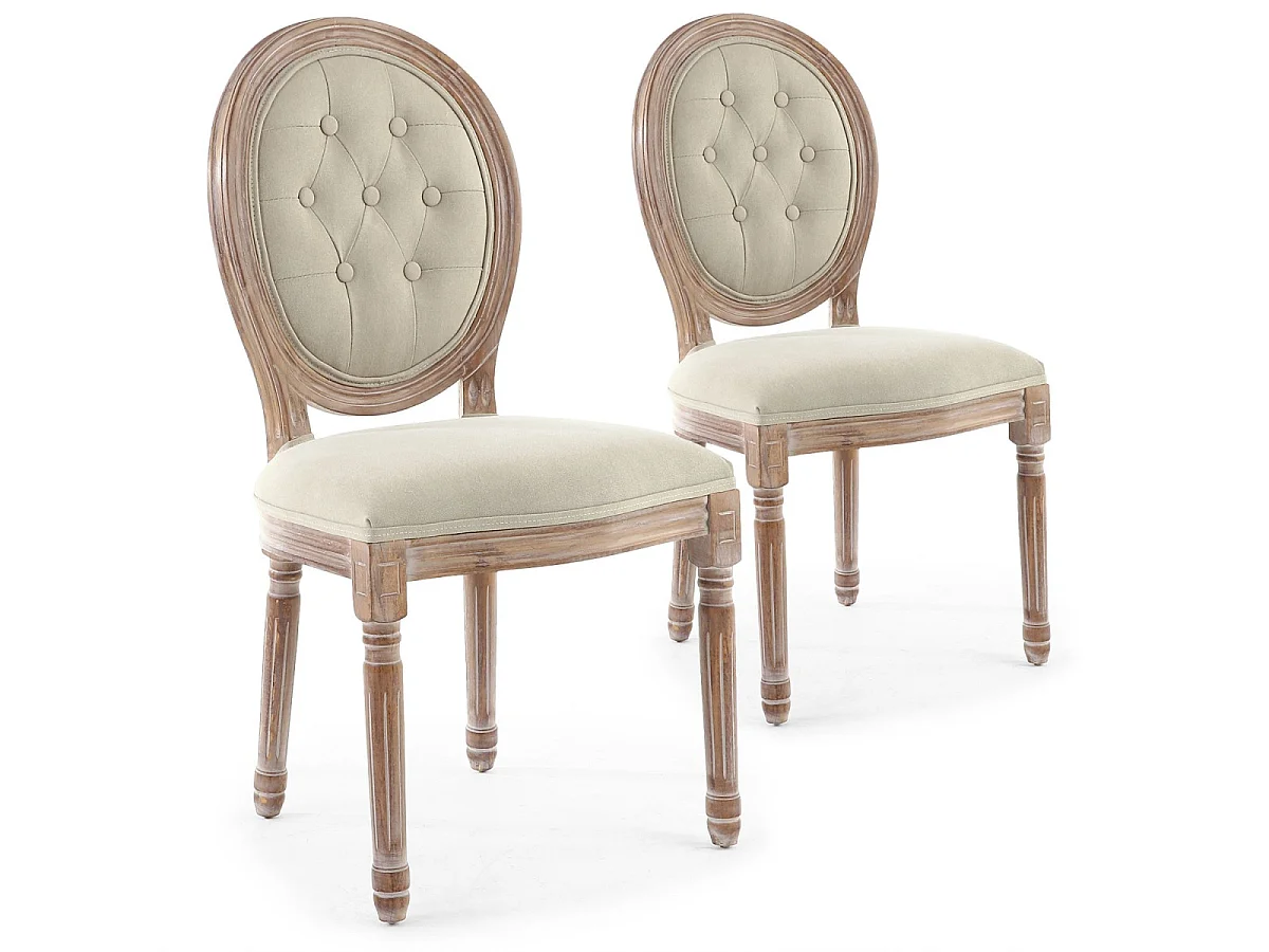 Lot de 2 chaises médaillon Louis XVI Bois massif patiné et Tissu capitonné Beige