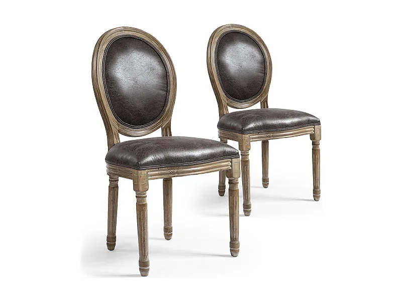 Set di 2 sedie a medaglione in stile Luigi XVI in tessuto marrone effetto pelle invecchiata