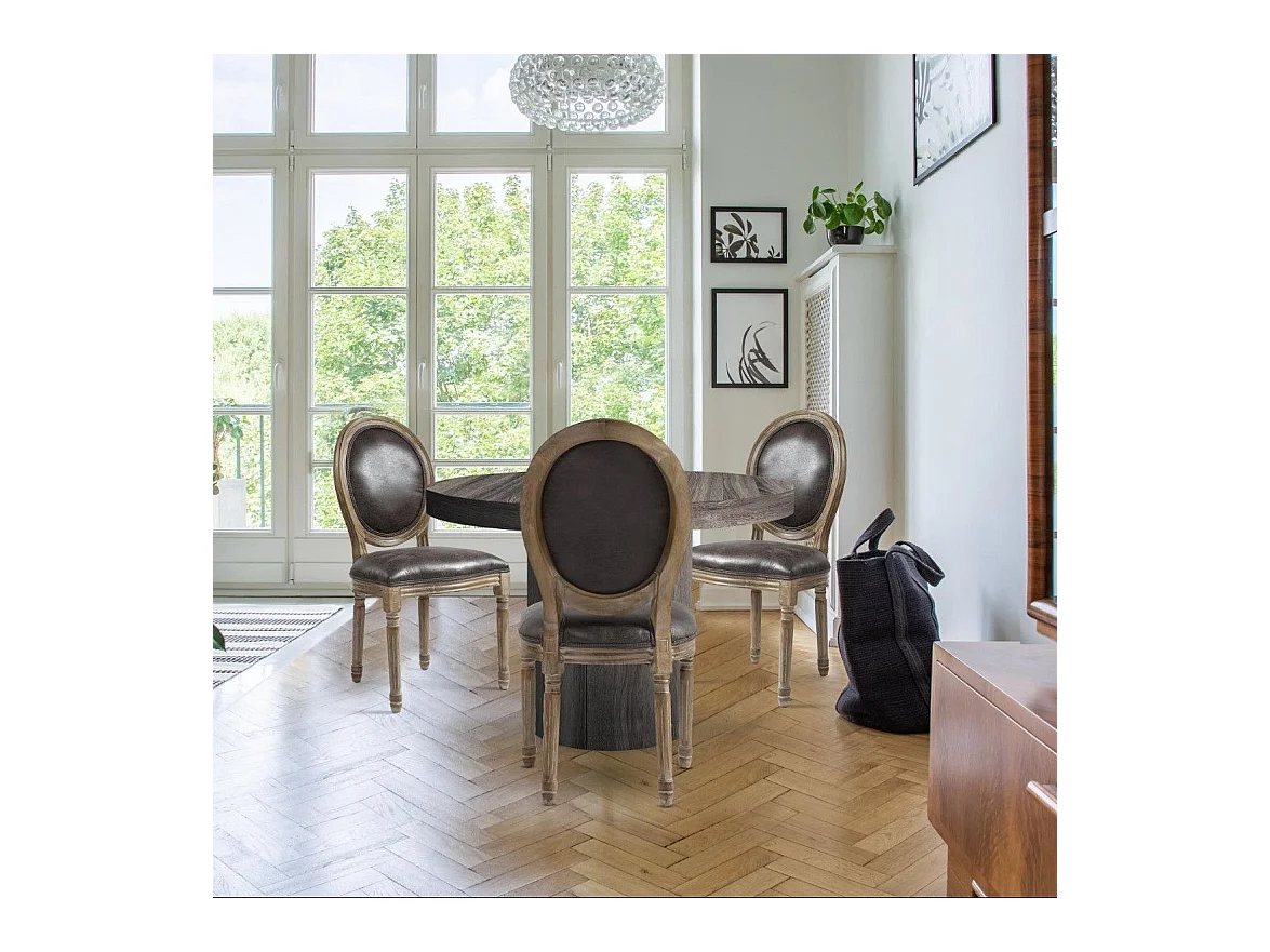 Set di 2 sedie a medaglione in stile Luigi XVI in tessuto marrone effetto pelle invecchiata